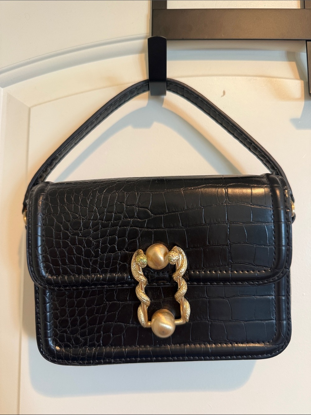 Zara Black Croc-Embossed Shoulder Bag with Gold Hardware